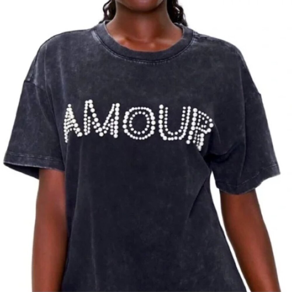 Forever 21 Faux Pearl & Rhinestone Amour T-Shirt Charcoal Black Vintage Wash S